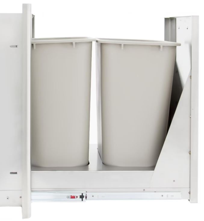 Side view of the Blaze 20-inch double trash and recycling roll-out, showcasing its sleek stainless steel design and durable, weather-resistant build.