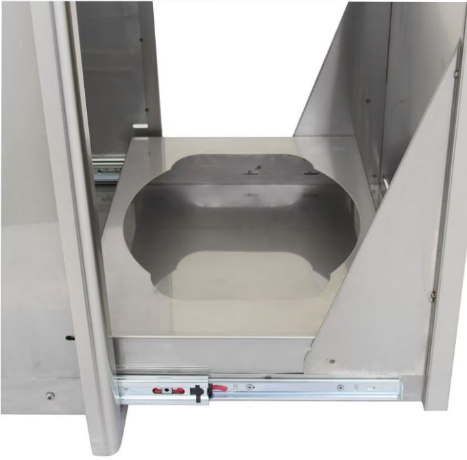 Side view of the Blaze 20-inch trash and propane roll-out, showcasing its sleek stainless steel design and weather-resistant durability