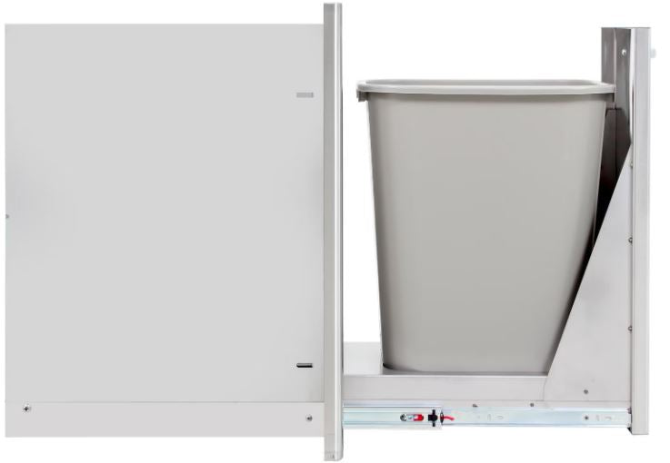 Side view of the Blaze 13-inch narrow roll-out trash bin, showcasing its sleek stainless steel design and compact, space-saving construction