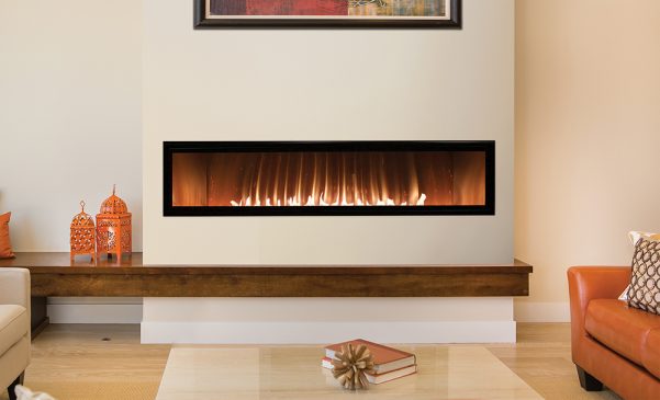 Boulevard 60-inch Linear Fireplace with Multi-color LED Lights, Stainless Steel Liner, Clear Crushed Glass, and 1-1/2-inch Beveled Front in Matte Black