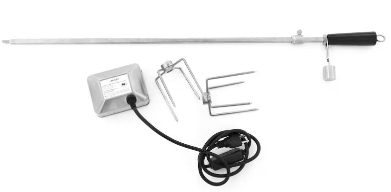 Blaze rotisserie kit for 40-inch grill, featuring a stainless steel spit rod, heavy-duty motor, and adjustable forks for perfectly slow-roasted meats.