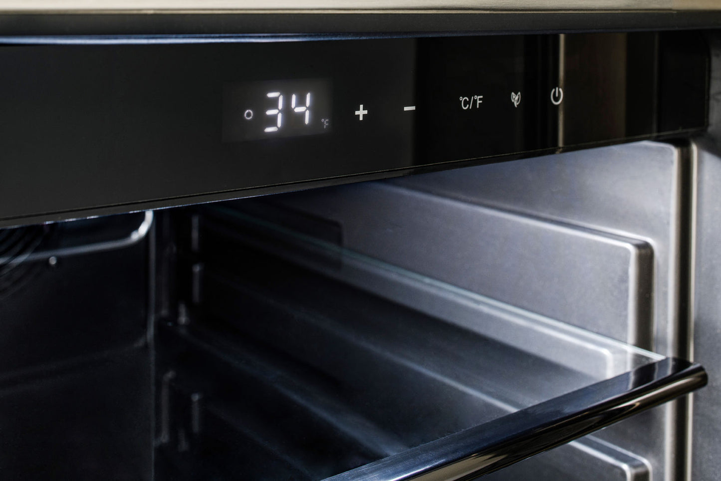 Blaze 15-inch outdoor refrigerator’s digital temperature control panel, allowing for precise cooling adjustments and easy operation.