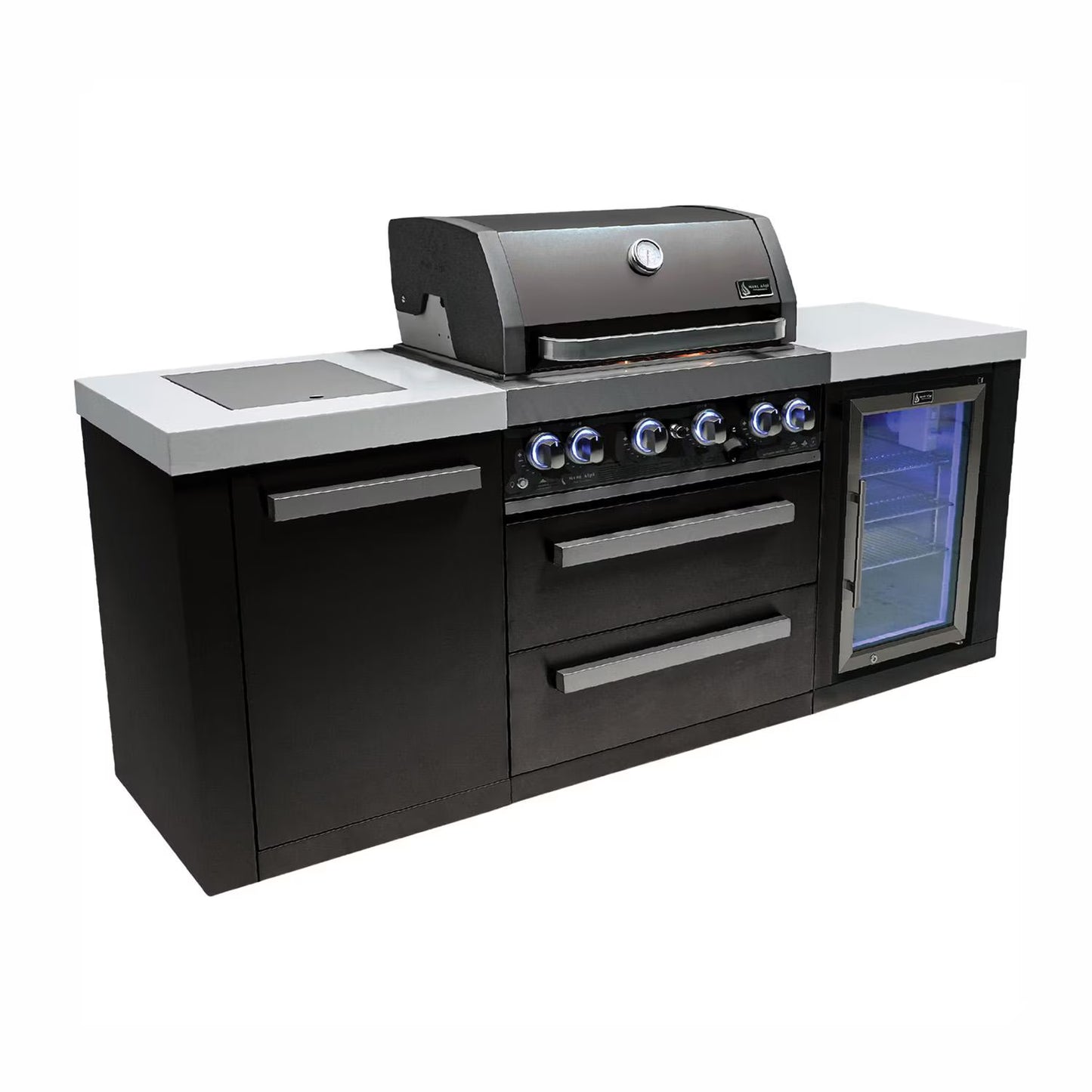 Mont Alpi 4 Burner Island with Fridge Black Stainless Steel - Natural Gas