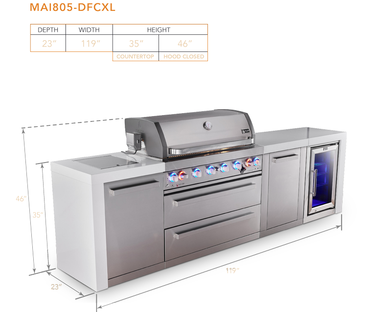 Mont Alpi 6 Burner Deluxe Island with Fridge Cabinet and XL Storage - Natural Gas