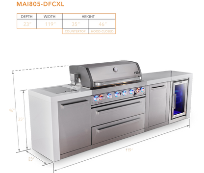 Mont Alpi 6 Burner Deluxe Island with Fridge Cabinet and XL Storage - Natural Gas
