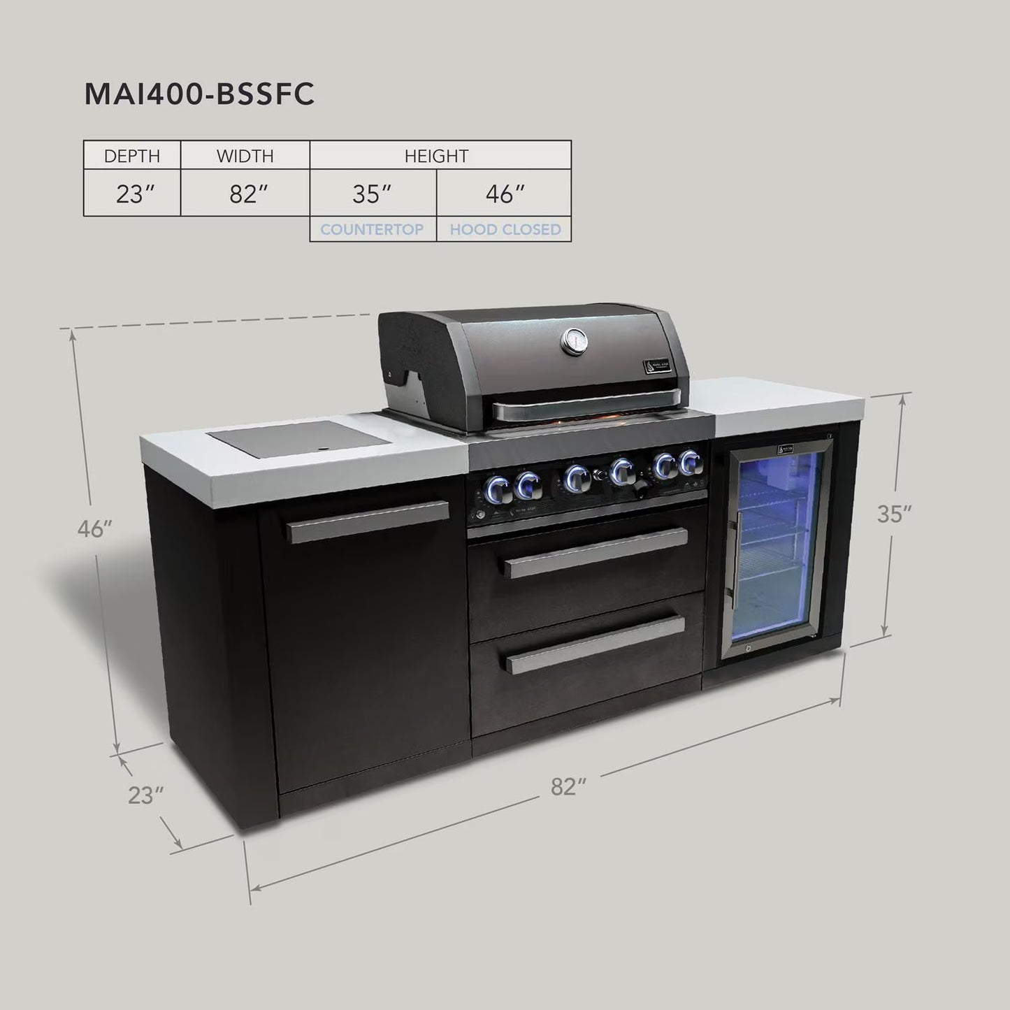 Mont Alpi 4 Burner Island with Fridge Black Stainless Steel - Natural Gas