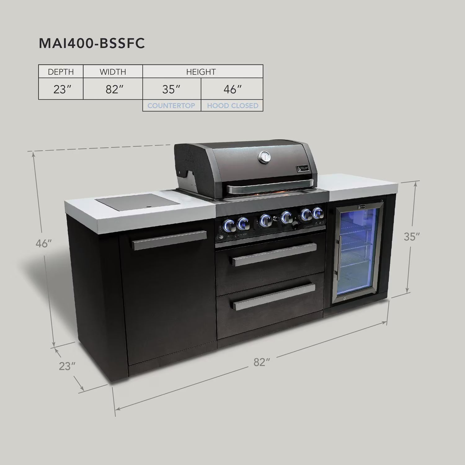 Mont Alpi 4 Burner Island with Fridge Black Stainless Steel - Natural Gas