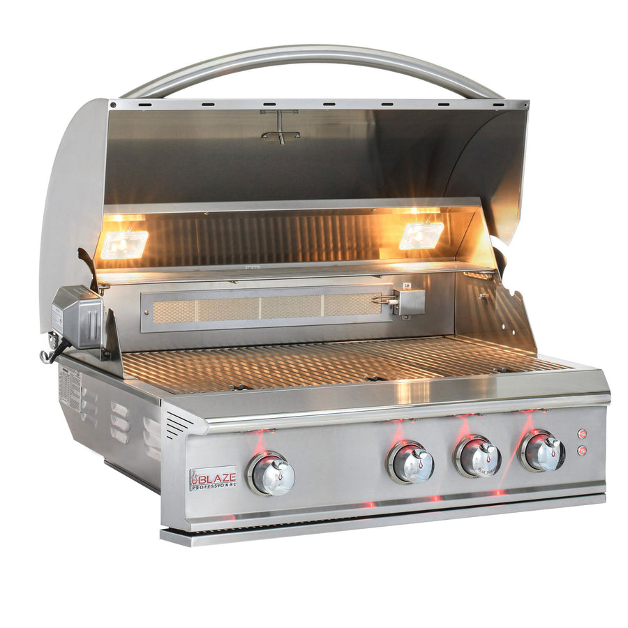 Blaze Professional 34-inch propane gas grill with the hood open, showcasing a spacious cooking area with extra-thick stainless steel grates.