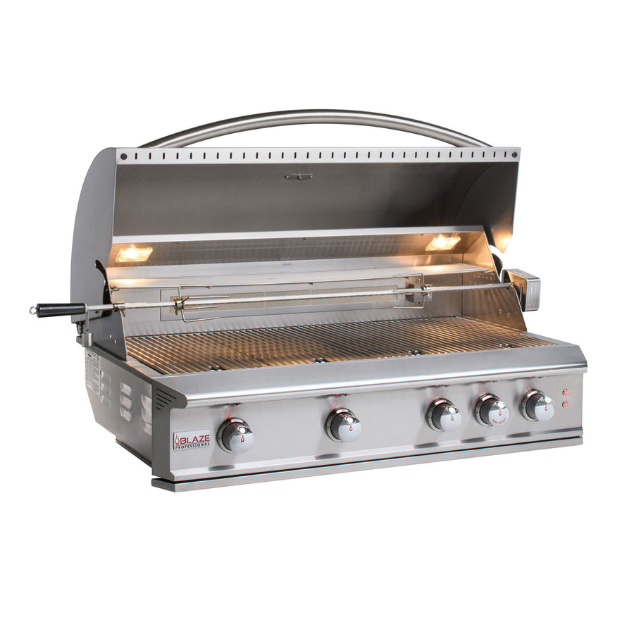 Blaze Professional 44-inch propane gas grill with the hood open, revealing a spacious cooking surface with extra-thick stainless steel grates and multiple burners