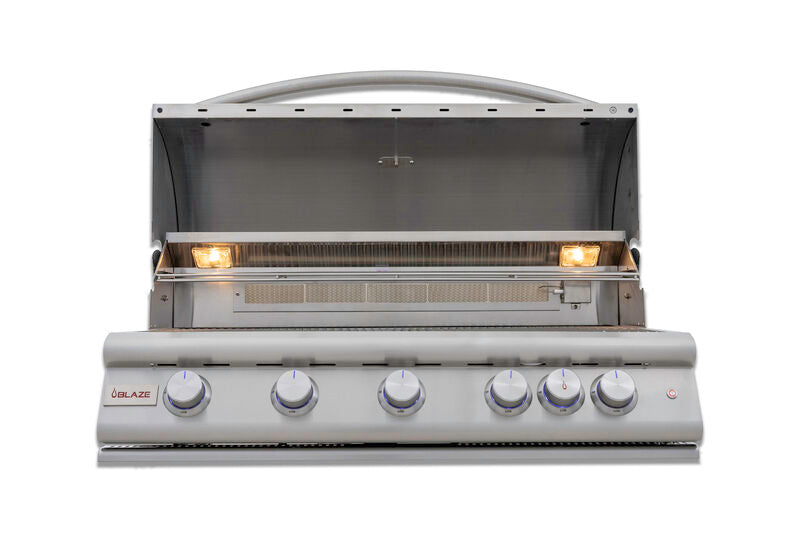 Blaze LTE+ 40-inch propane gas grill with an open hood, showcasing expanded stainless steel cooking grates and a high-capacity grilling area