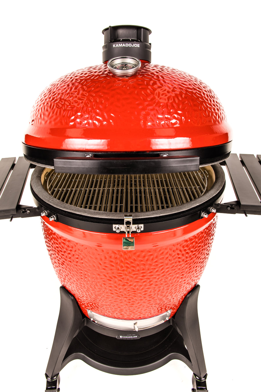 Kamado Joe Big Joe III on cart with lid slightly open – showcasing the signature red ceramic body, black metal cart with locking caster wheels, and the 3-tier Divide & Conquer cooking system with stainless steel grates inside.