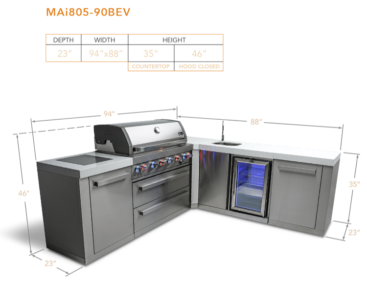 Mont Alpi 6 Burner Island with Bev Center 90-Degree Corner - Propane