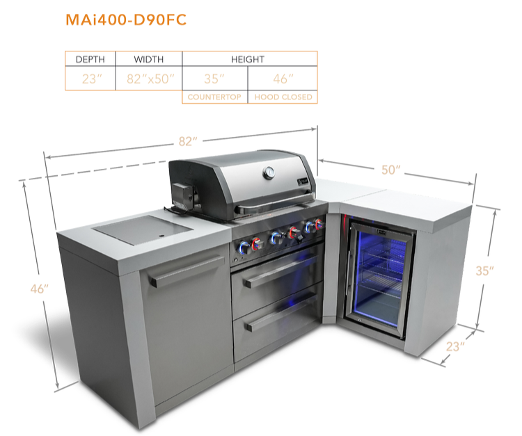 Mont Alpi 4 Burner Deluxe Island with Fridge 90-Degree Corner - Propane