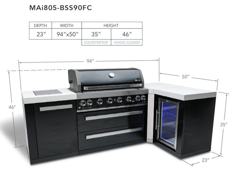 Mont Alpi 6 Burner Island with Fridge 90-Degree Corner Black Stainless Steel - Natural Gas