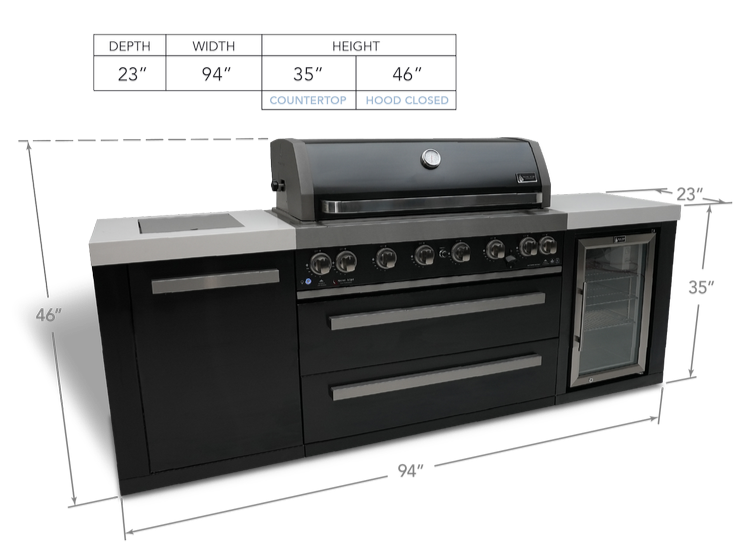 Mont Alpi 6 Burner Island with Fridge Black Stainless Steel - Natural Gas