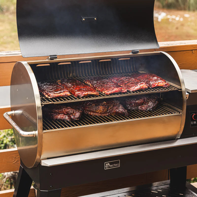 Recteq pellet grill with food being grilled