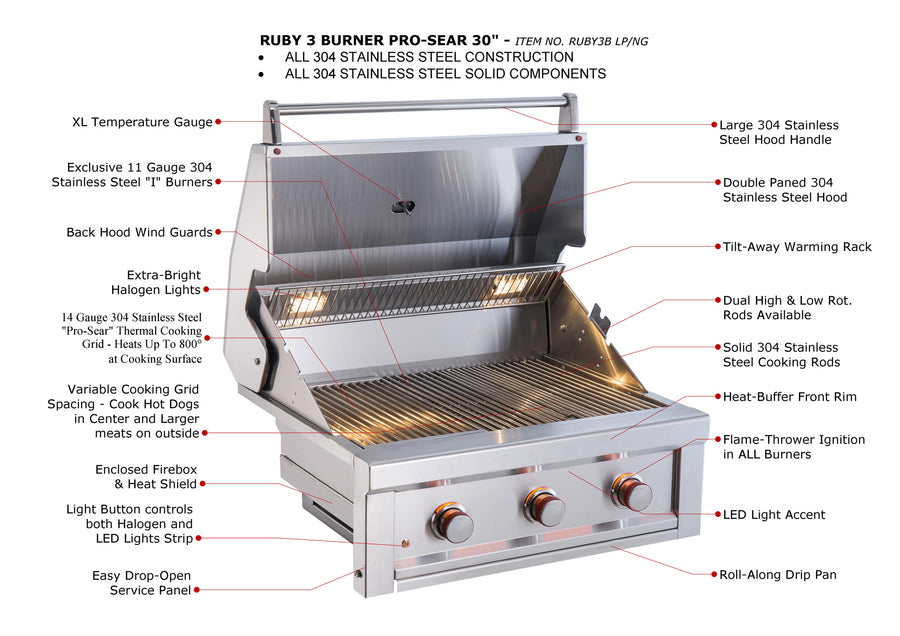 Sunstone Ruby Series 3 Burner Pro-Sear 30" Propane Grill