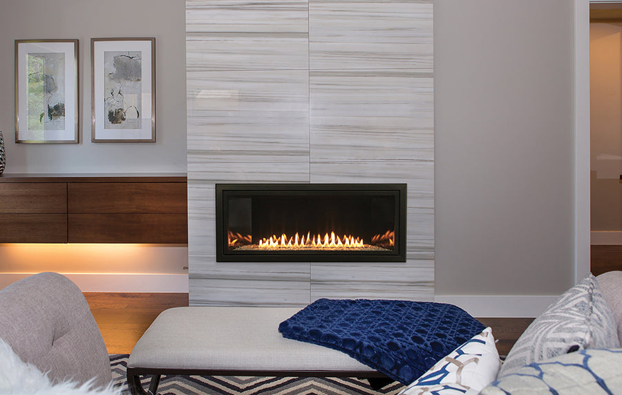 Boulevard 36-inch Linear Fireplace with Black Porcelain Liner, Clear Crushed Glass, and 1-1/2-inch Beveled Front in Matte Black