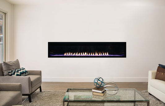 Boulevard 72-inch Linear Fireplace with Multi-color LED Lights, Black Reflective Glass Liner, Clear Crushed Glass, and 1-1/2-inch Beveled Front in Matte Black