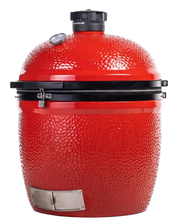Side view of the Kamado Joe Big Joe III stand-alone model – showcasing the signature red ceramic body, Air Lift hinge, stainless steel latch, and Kontrol Tower top vent, designed for built-in outdoor kitchens or custom grill setups.