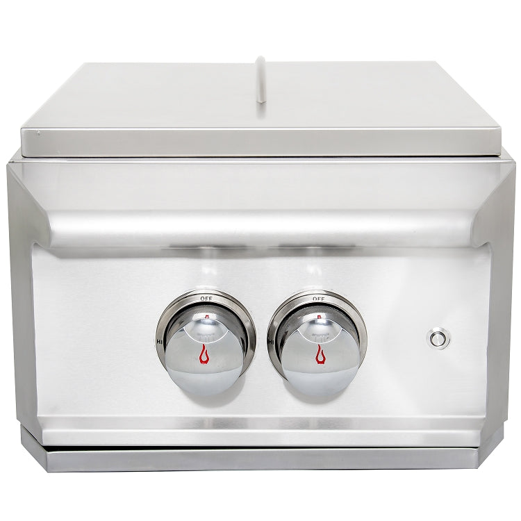 Blaze Professional natural gas power burner with the lid shut, offering a durable and stylish cover for seamless outdoor cooking integration