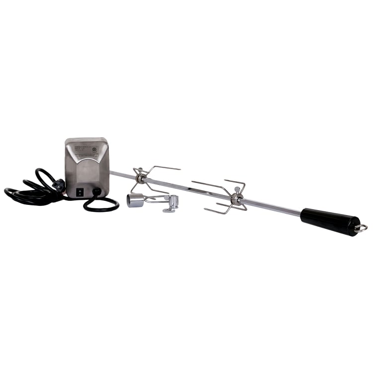 BBQ Island rotisserie kit for 32-inch 4-burner gas grill, featuring a durable stainless steel spit rod, heavy-duty motor, and adjustable forks for slow roasting