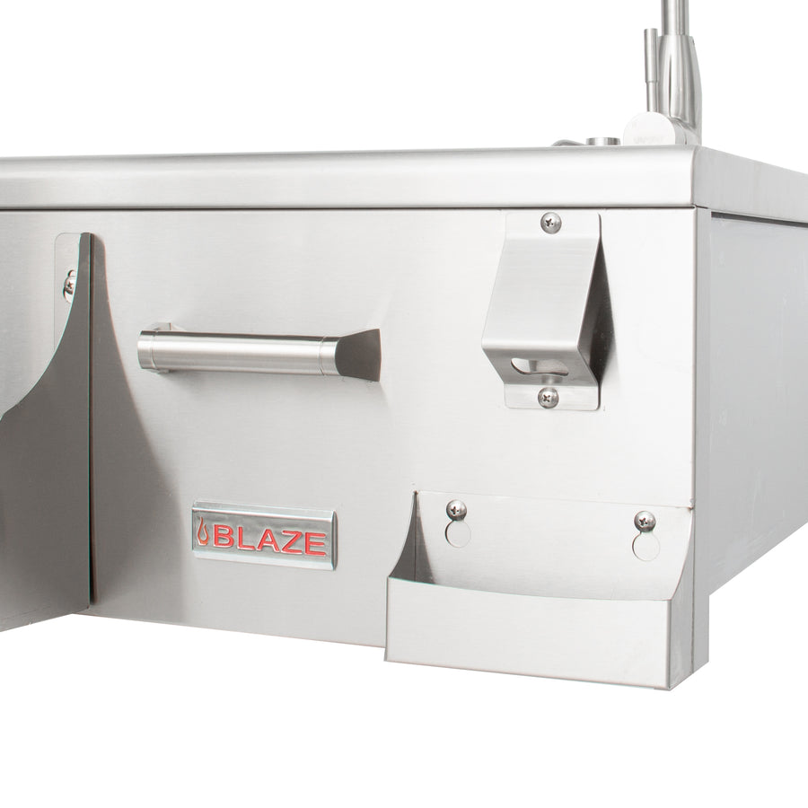 Side view of the Blaze beverage center, showcasing its compact design, durable stainless steel build, and integrated storage features.