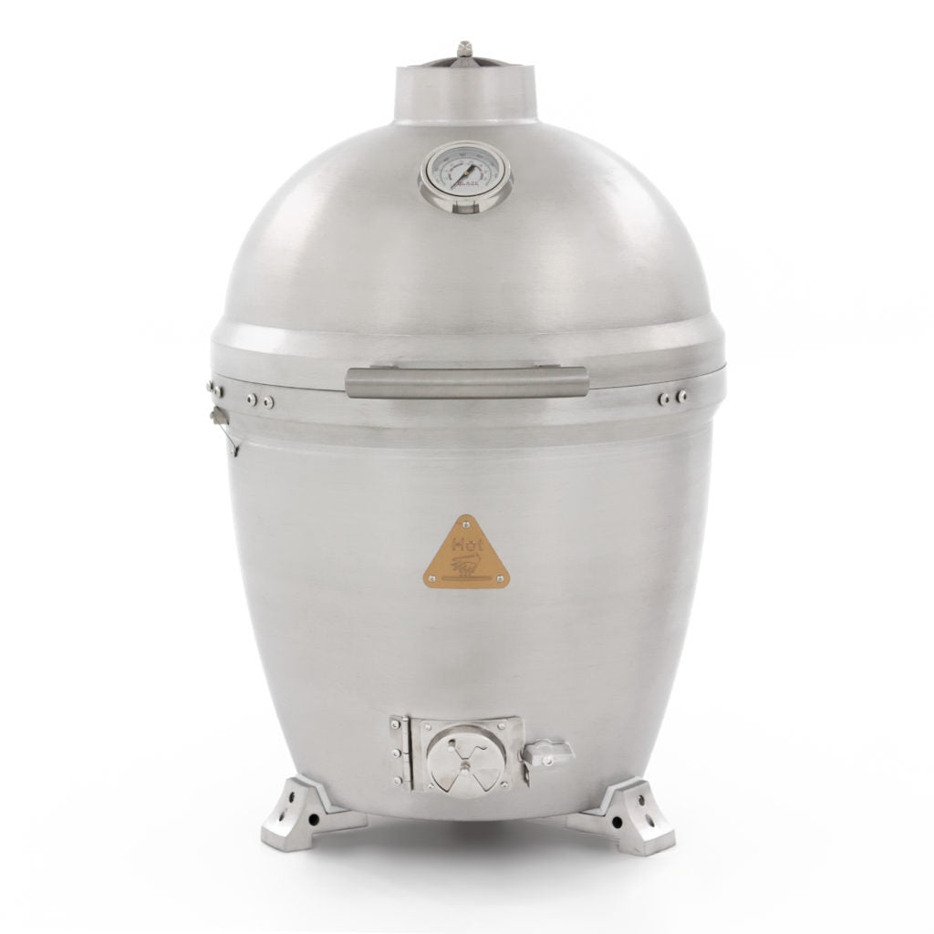 Blaze Kamado grill with heavy-duty cast aluminum construction, featuring a sleek design and precision airflow control for superior charcoal grilling