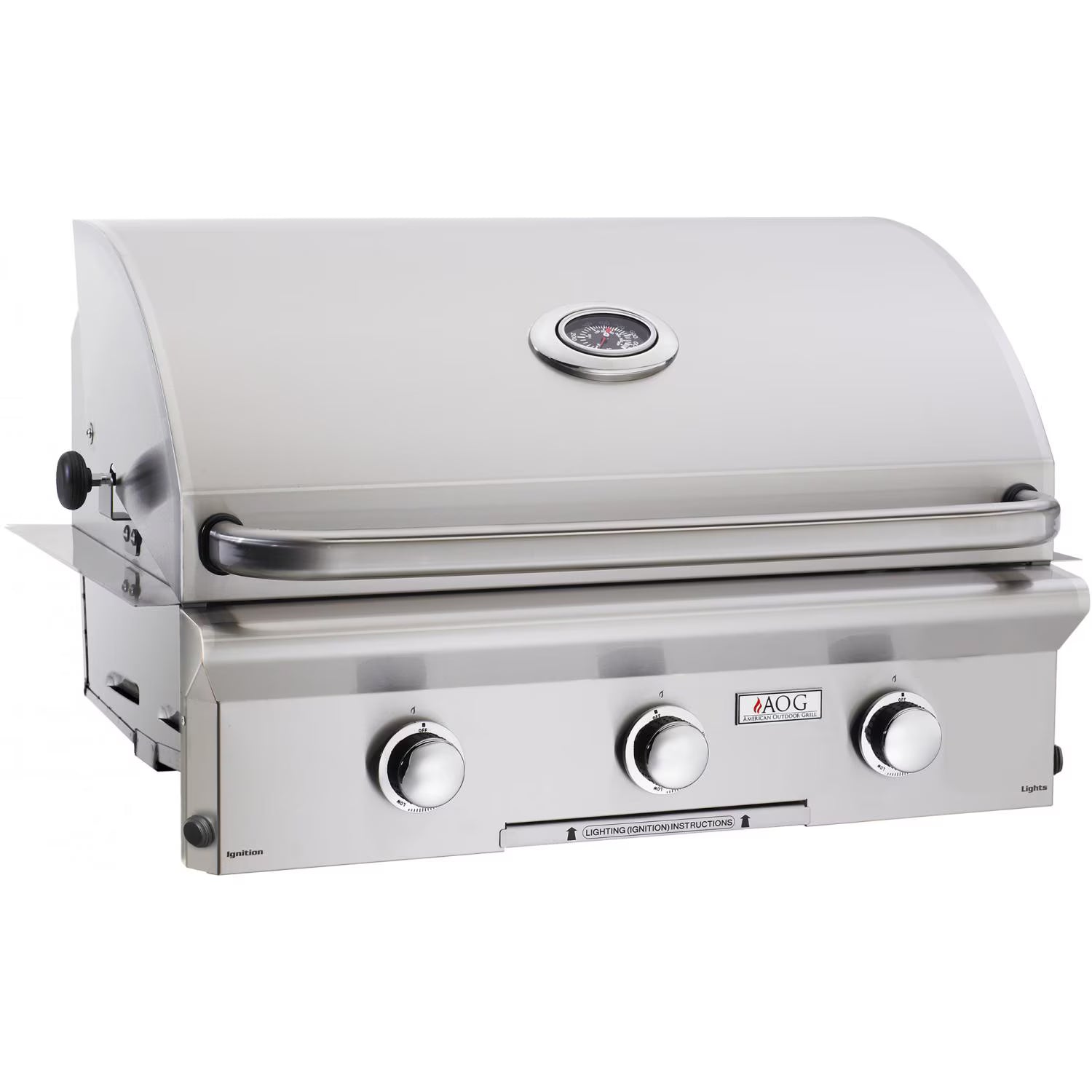 Stainless steel grill with AOG logo on a white background