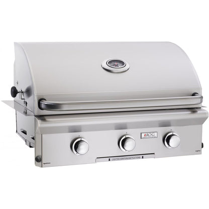 Stainless steel grill with AOG logo on a white background