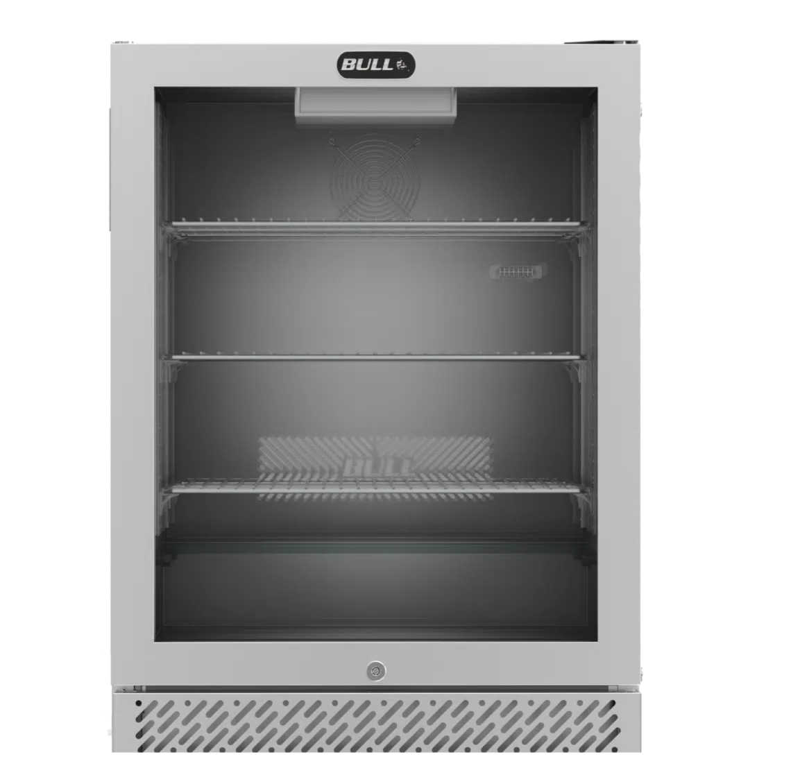 Stainless steel outdoor refrigerator with glass door on a white background