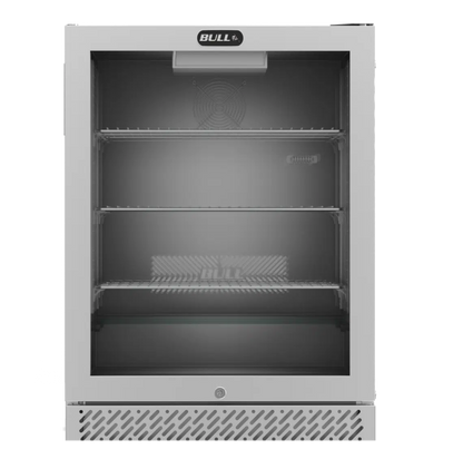 Stainless steel outdoor refrigerator with glass door on a white background