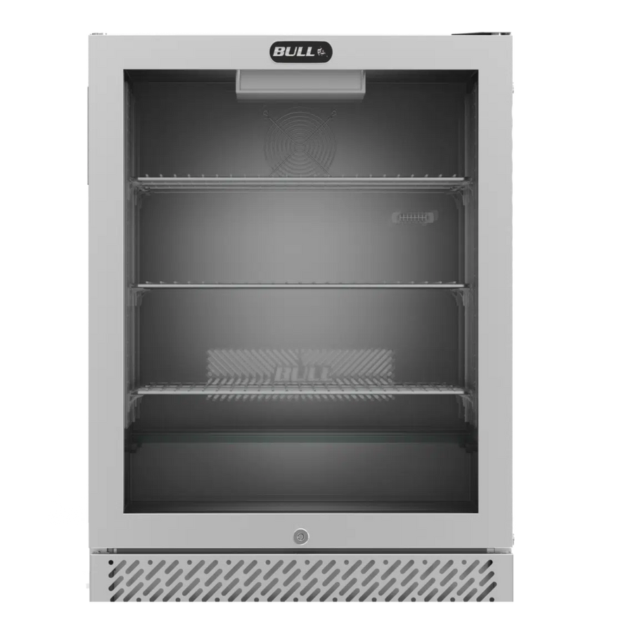Stainless steel outdoor refrigerator with glass door on a white background