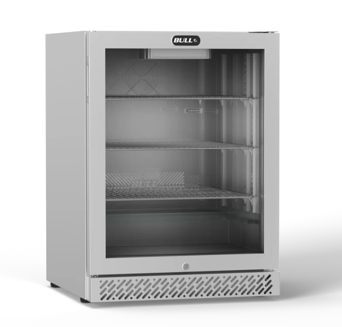 Stainless steel outdoor refrigerator with glass door on a white background