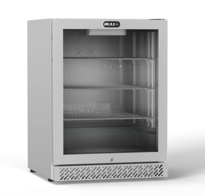 Stainless steel outdoor refrigerator with glass door on a white background