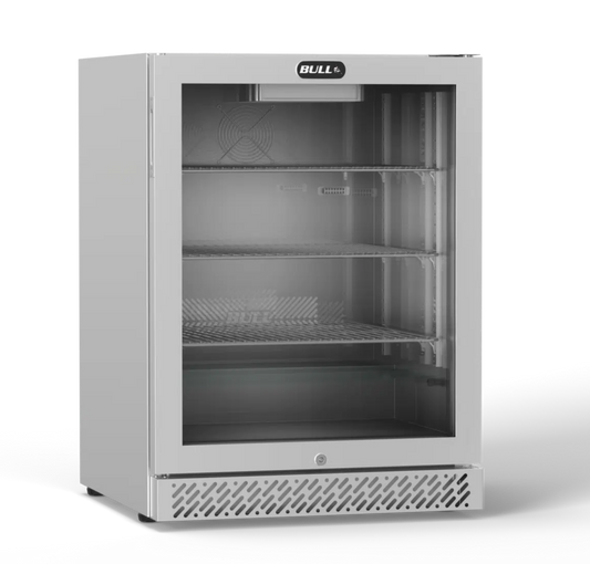 Stainless steel outdoor refrigerator with glass door on a white background