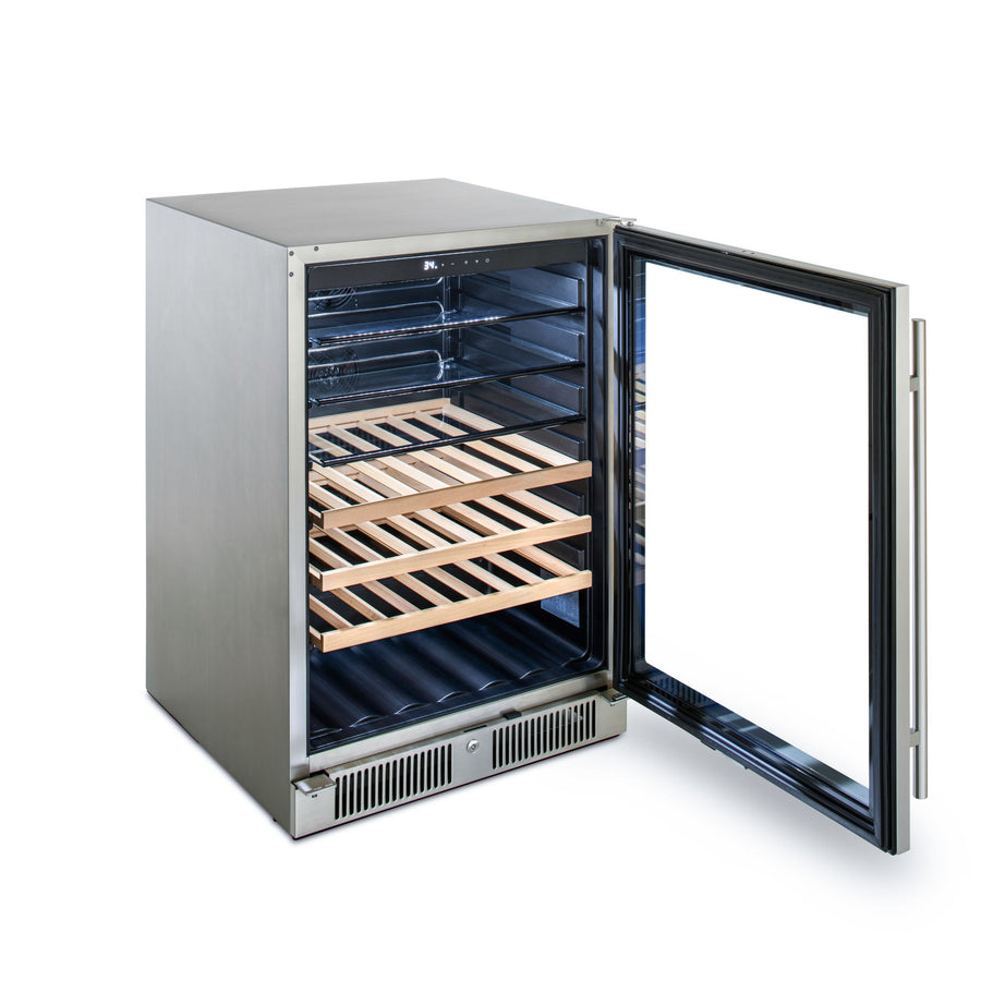 Blaze 24-inch beverage center with the glass door open from the side, showcasing adjustable shelving and ample space for bottles and cans.