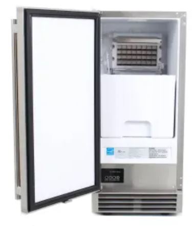 Blaze 15-inch outdoor ice maker with the door open, showcasing its spacious ice bin and high-capacity ice production.