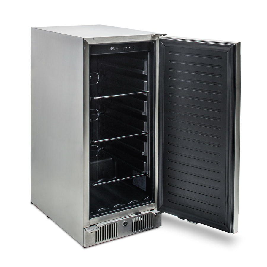 Blaze 15-inch outdoor refrigerator with the door open from a side angle, showing the spacious interior and adjustable shelving.