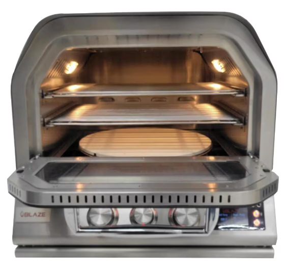 Blaze propane gas pizza oven with the door open, showcasing the spacious cooking chamber and high-performance heating elements